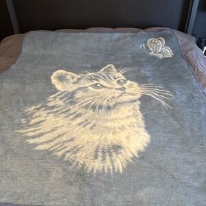 Cannon Ibena Cat Kitten Blue Reversible Rare Vintage Heavy Large Throw Blanket